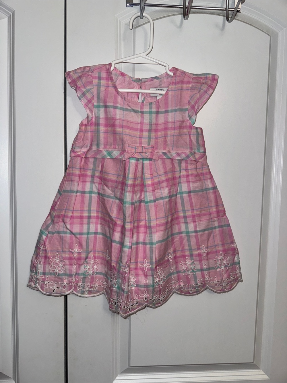 crown & ivy Pink Plaid Embroidered Flutter-Sleeve Dress NWOT